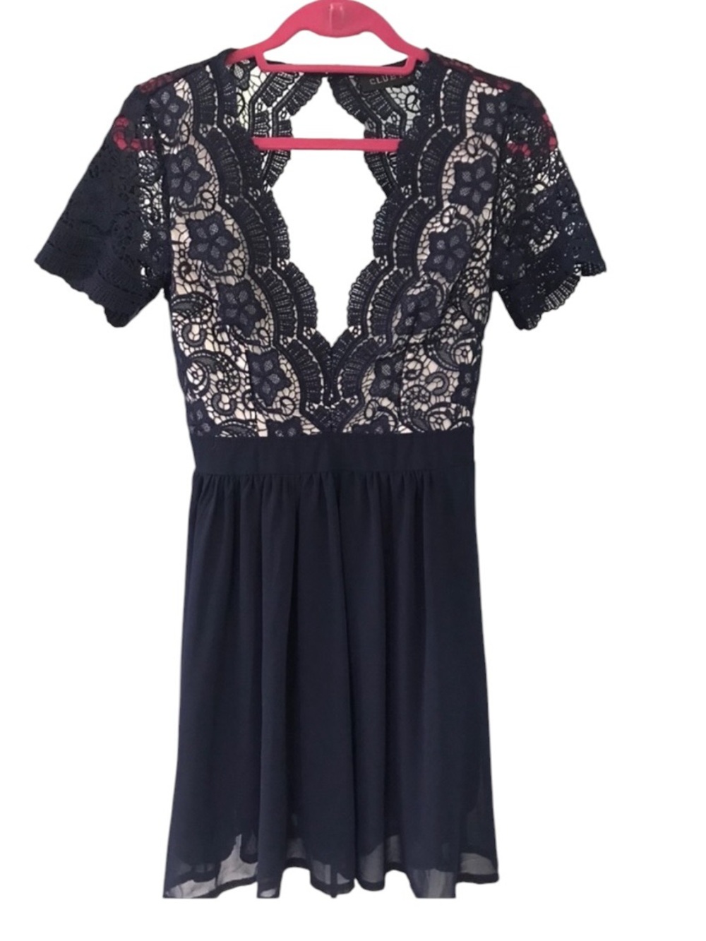 Navy Lace Plunge Neck Cocktail Dress Keyhole Back 8